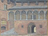 a painting of a building with a horse in front of it