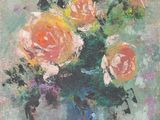 peinture au pastel représentant des roses dans un vase bleu posé sur une table