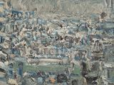 painting of a crowd of people in a stadium with a baseball field in the background