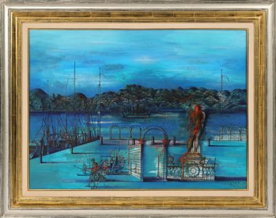 une peinture à l'huile représentant un homme debout sur un quai au bord d'un plan d'eau