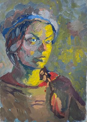 une peinture à l'huile représentant une femme portant un turban et au visage jaune