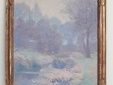 an oil painting of a river with trees in the background