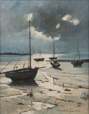 painting of boats on a beach with a cloudy sky in the background