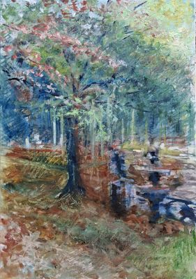 an oil painting of a tree in a park next to a bench