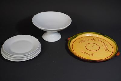 three plates and a bowl sitting on a table