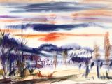 an image of a painting of a snowy landscape with a red sky