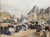 painting of a street scene with people and vendors in the middle of the street