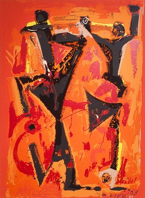 une image représentant un tableau où l'on voit deux hommes jouant du saxophone