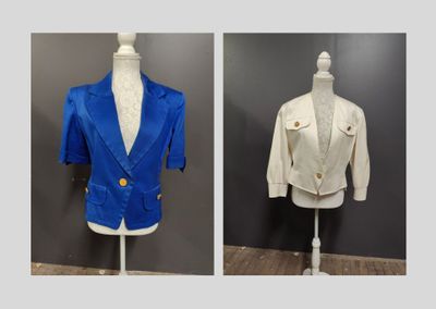 two pictures of a blue jacket and a white jacket on a mannequin