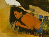 a painting of a man and a woman laying on a beach