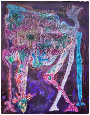 tableau représentant une girafe debout devant un fond violet