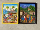 Deux tableaux représentant des personnes sont accrochés l'un à côté de l'autre sur un mur.