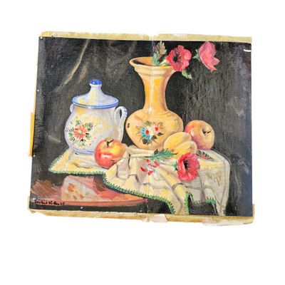 a painting of a vase and apples on a table