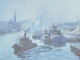un tableau représentant des bateaux dans un port, avec une église en arrière-plan