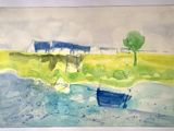 a watercolor painting of two boats on the shore
