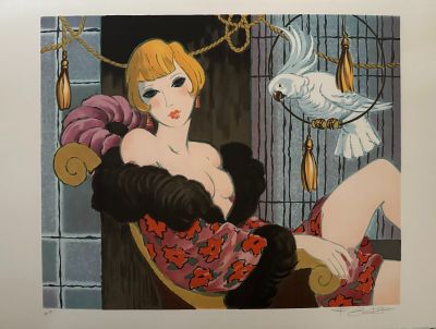 a painting of a woman sitting in a chair with a bird on her shoulder