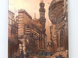 painting of a street scene with a clock tower in the background