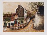 dessin représentant une peinture d'une scène de rue avec une maison et une clôture