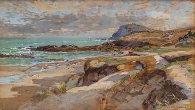 une image représentant un tableau représentant une scène de plage avec une montagne en arrière-plan