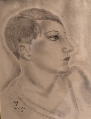 drawing of a woman ' s profile in a black and white photo