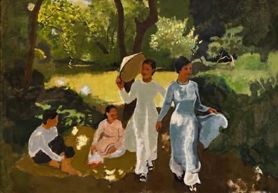 un tableau représentant un groupe de personnes dans un parc