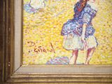 a painting of a woman with a parasol on the beach