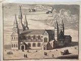 a drawing of a church with a banner above it