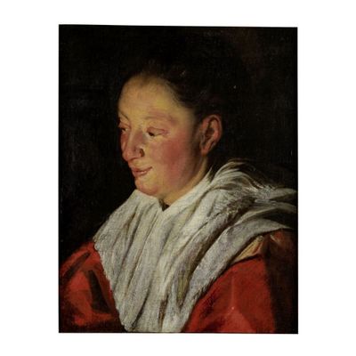 un tableau représentant une femme en robe rouge avec un foulard blanc