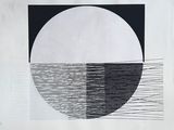 a black and white drawing of a half moon over a body of water