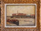 an oil painting of boats in a harbor with a building in the background