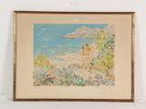 tableau représentant une vue de plage avec des mouettes volant au-dessus de l'eau