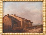 an old painting of a farm house in a field with a dirt road in the foreground