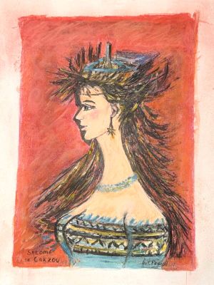 painting of a woman in a blue dress with a crown on her head