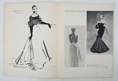 un livre ouvert sur lequel figurent le dessin d'une femme en robe et celui d'une femme en robe de soirée