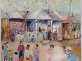 une peinture à l'huile représentant un groupe de personnes rassemblées autour d'un marché