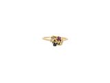 a close up of a gold ring with a red and blue stone