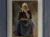 tableau représentant une femme en robe bleue assise sur une chaise