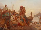 peinture d'un groupe de personnes assises sur une plage près d'un plan d'eau
