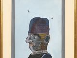 tableau représentant un homme coiffé d'un chapeau et vêtu d'un uniforme, avec un oiseau sur la tête