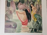 an image of a painting of a woman in a red dress standing in a body of water