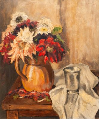 a painting of a vase of flowers on a table