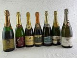 several bottles of wine are lined up on a table