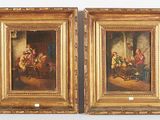 pair of oil paintings on canvas of a family gathering in a tavern