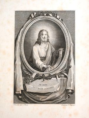 une gravure représentant le portrait d'un homme tenant une pancarte