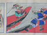 three pictures of a man riding a boat on a red carpet