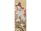 an oriental painting of a woman riding a horse over a waterfall