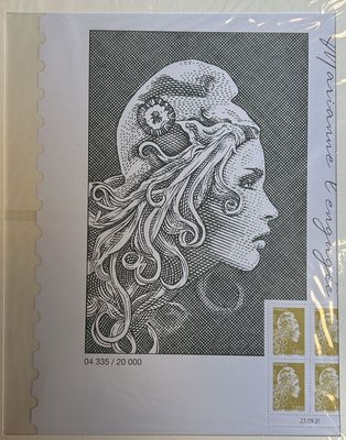 an image of a stamp with a drawing of a woman ' s face