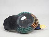 a black bird with a green and orange stripe on it ' s head