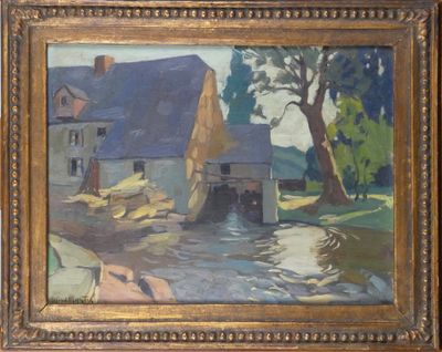 une peinture à l'huile représentant une maison et un ruisseau devant un arbre