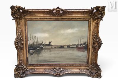 une vieille photo représentant un tableau de bateaux dans un port